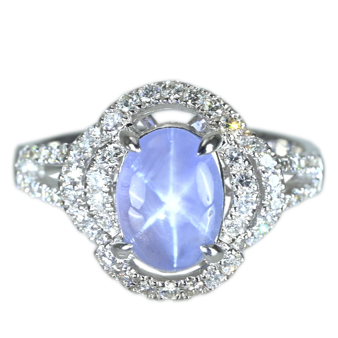 18K Star Sapphire Diamond Ring: Type: Ring Metal:18K White GoldWeight:5.0gramsStar Sapphire:2.58ctDiamond:0.49ctSize:7(US)Condition: Pre-OwnedSigned By: N/A