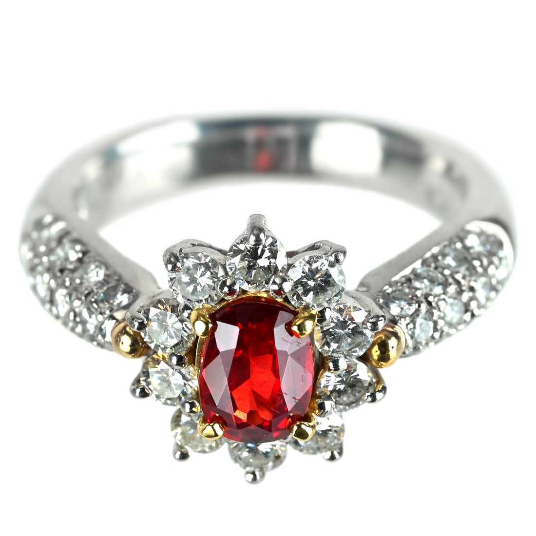 Pt900/18K Spinel Diamond Ring: Type: Ring Metal: Platinum/18K Yellow GoldWeight:7.4gramsSpinel:0.762ctDiamond:0.94ctSize:5(US)Condition: Pre-OwnedSigned By: N/A