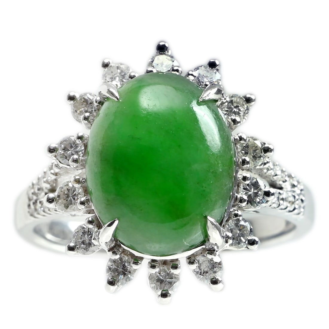 18K Jade Diamond Ring: Type: Ring Metal:18K White GoldWeight:5.4gramsJade:4.04ctDiamond:0.57ctSize:7(US)Condition: Pre-OwnedSigned By: N/A