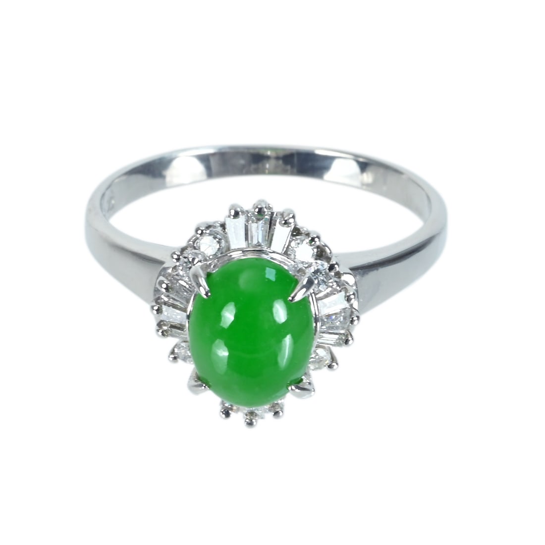 Pt900 Jade Diamond Ring: Type: Ring Metal: PlatinumWeight:5.5gramsJade:1.78ctDiamond:0.30ctSize:7(US)Condition: Pre-OwnedSigned By: N/A