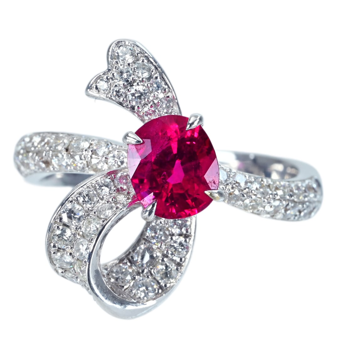 18K Myamar Pigeon Ruby Diamond Ring: Type: Ring Metal:18K White GoldWeight:5.8gramsRuby:1.31ctDiamond:0.67ctSize:7(US)Condition: Pre-OwnedSigned By: N/AAdditional Information: AIGS Certification