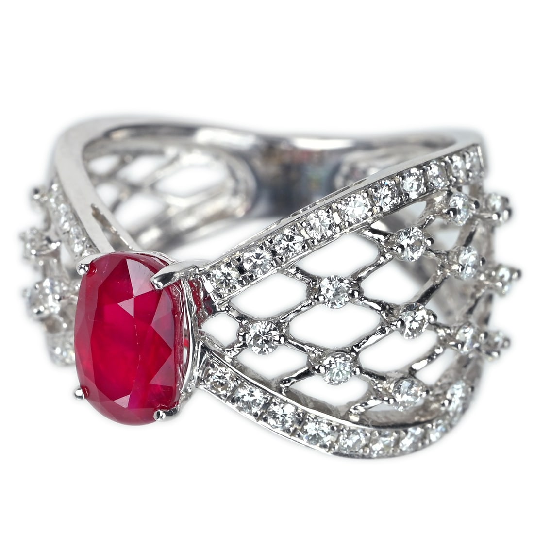 18K Mozambique Pigeon NH Ruby Diamond Ring: Type: Ring Metal:18K White GoldRuby:2.02ctDiamond:1.41ctSize:7(US)Signed By: N/AAdditional Information: GRS Certification
