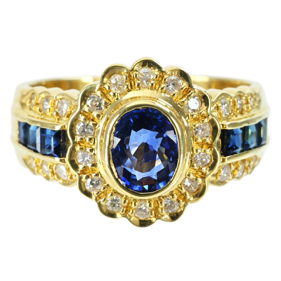 18K Sapphire Diamond Ring: Type: Ring Metal:18K Yellow Gold Sapphire:0.87ct Sapphire:0.54ct Diamond:0.294ct Size:7(US) Signed By: N/A