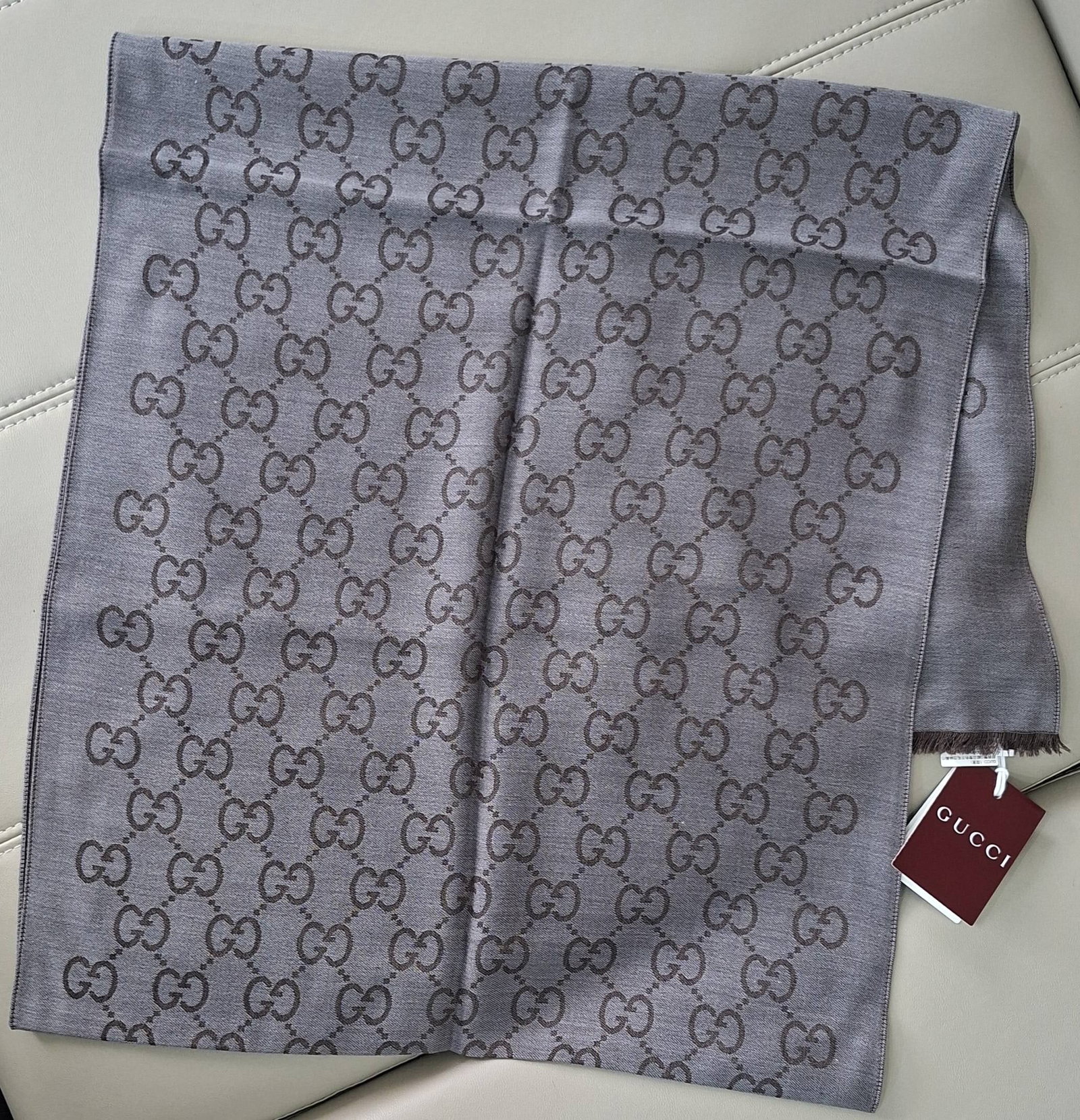 GUCCI GG Logo Brown Wool Silk Scarf (1 of 3)