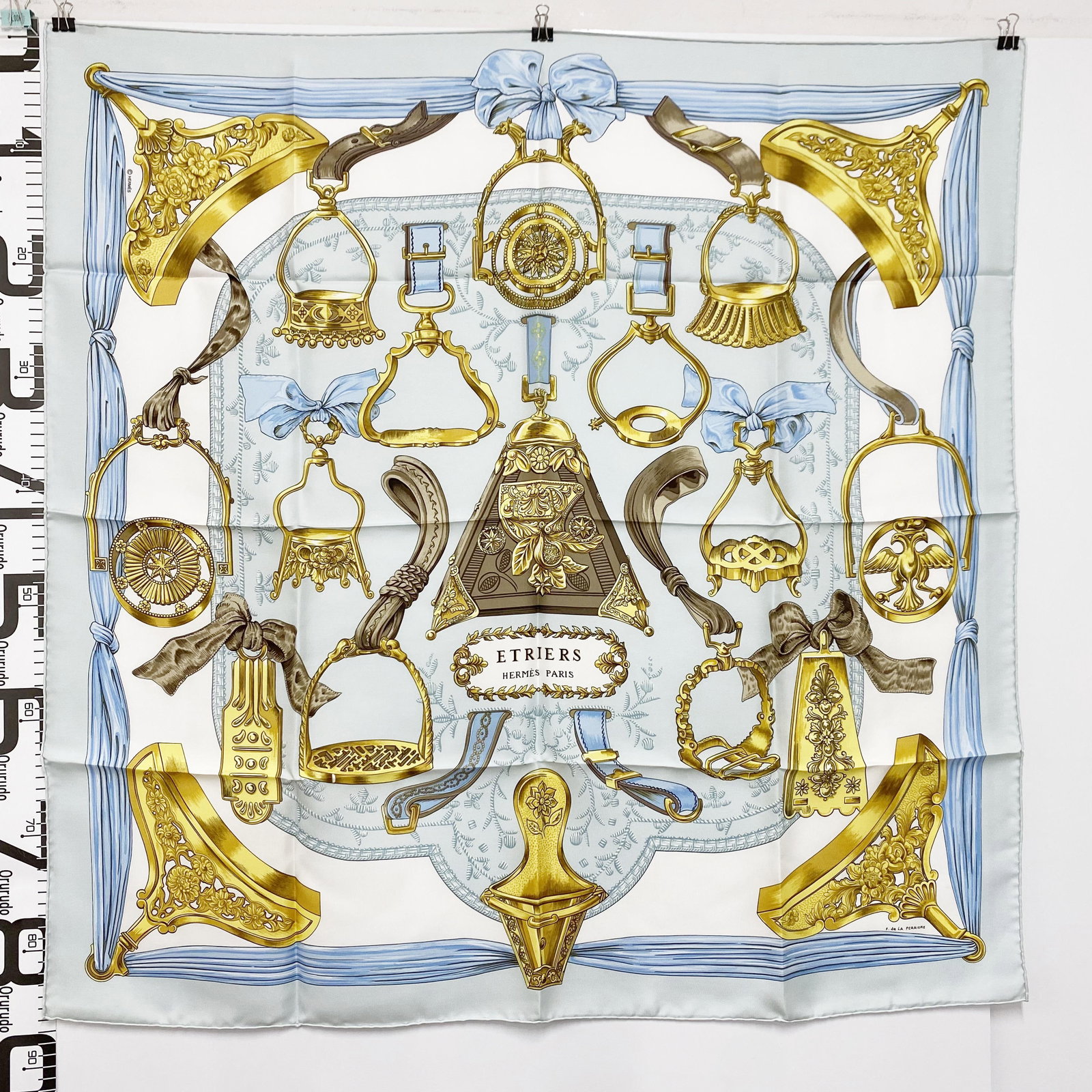 HERMES Scarf Etriers Carre 90 by Francoise de la Perriere Light Blue: Brand:HERMES Model No.: N/A Sizs:88.5cm*88.5cm Material:Silk Color:Light Blue Accessories:N/A