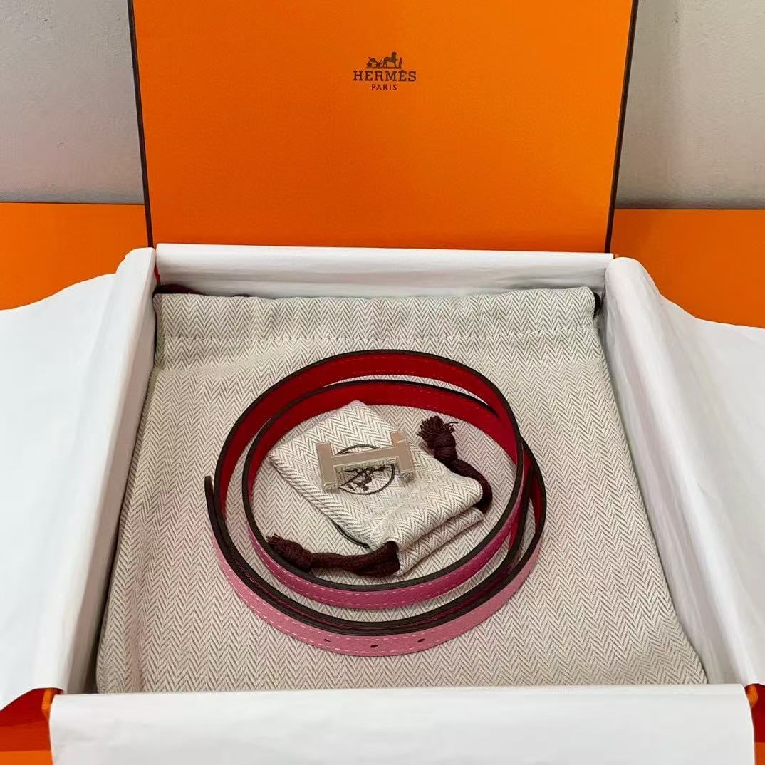 HERMES H Belt Mini: Model No.:RG0250 Sizs:13mm*75cm Material:Tadelakt/Swift Color:Rose Pourpre/Bubble Gum Pink/Silver Accessories:Dust Bag/Box