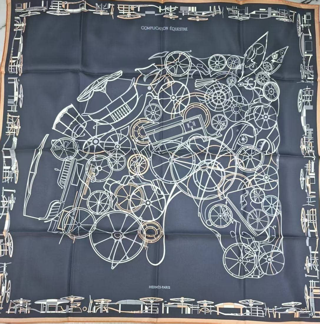 HERMES Complication Equestre Slik Scarf 90: Item Name:Hermes Complication Equestre Slik Scarf 90 Brand:Hermes Model No.:H004148S 01 Sizs:88.5cm*88.5cm Material:Silk Accessories:Box