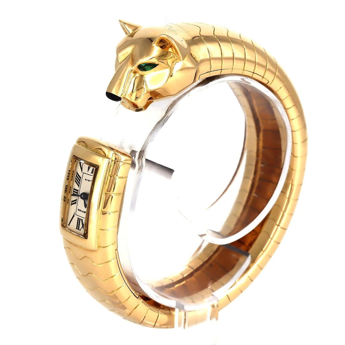 CARTIER K18 Panthere Emerald And Black Lacquer Watch: Type: Watch Model:706657 Case Material: 18K;Lacquer;Emerald Movement: Quartz Band Material: 18K Dial Color: Yellow Gold Case Size: N/A Wrist Size: 16cm Accessories:Repir Certificate