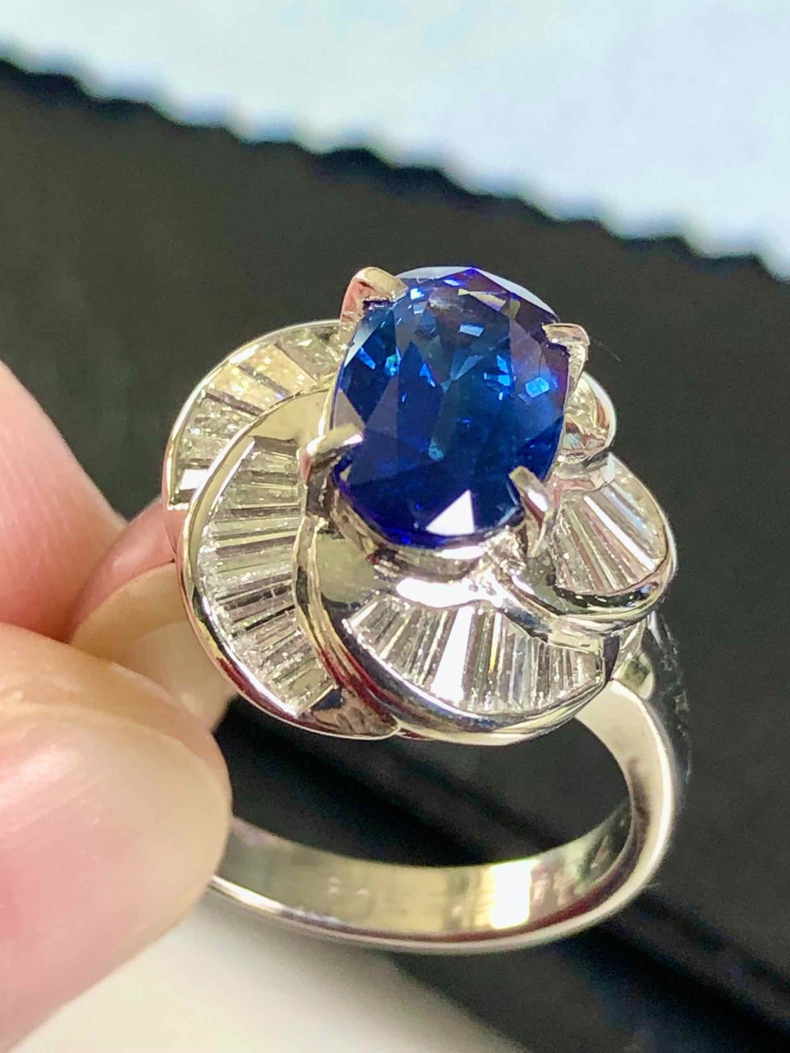 Pt900 Sapphire Diamond Ring - 4