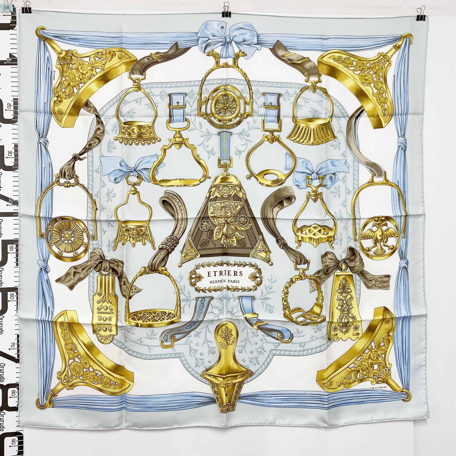 HERMES Scarf Etriers Carre 90 by Francoise de la Perriere Light Blue: Brand:HERMES Model No.: N/A Sizs:88.5cm*88.5cm Material:Silk Color:Light Blue Accessories:N/A