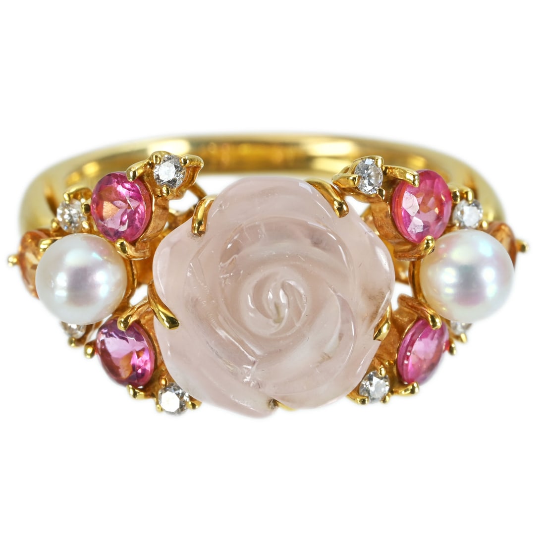 POLA K18 Rose Quartz/Pink Tourmaline/Pearl/Citrine Ring: Brand:POLA Model No.:N/A Rose Quartz:3.256ct Diamond:0.13ct Sizs:5.25(US) Material:K18 Accessories:N/A