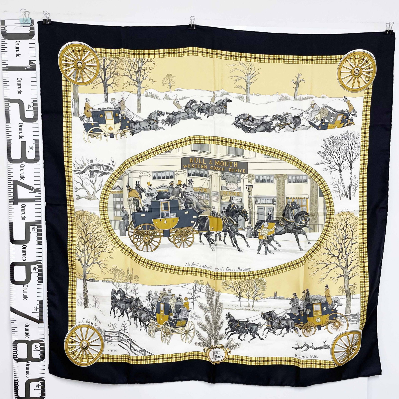 HERMES The Bull & Mouth Regent's Circus Piccadilly" Black Silk Pleats Scarf: Item Name:HERMES The Bull & Mouth Regent's Circus Piccadilly" Black Silk Pleats Scarf Brand:Hermes Model No.:N/A Size:88cm*88cm Material:Silk Accessories:Box