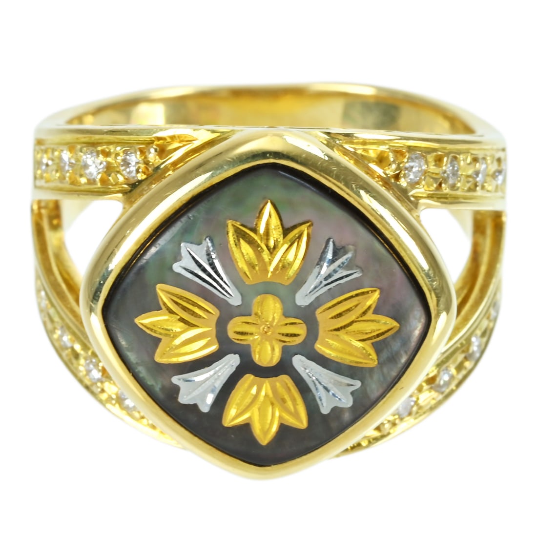 K18 Shell Picwe Diamond Ring: Type: Ring Metal:18K Yellow Gold Daimond:0.16ct Size:6(US) Signed By: T.S