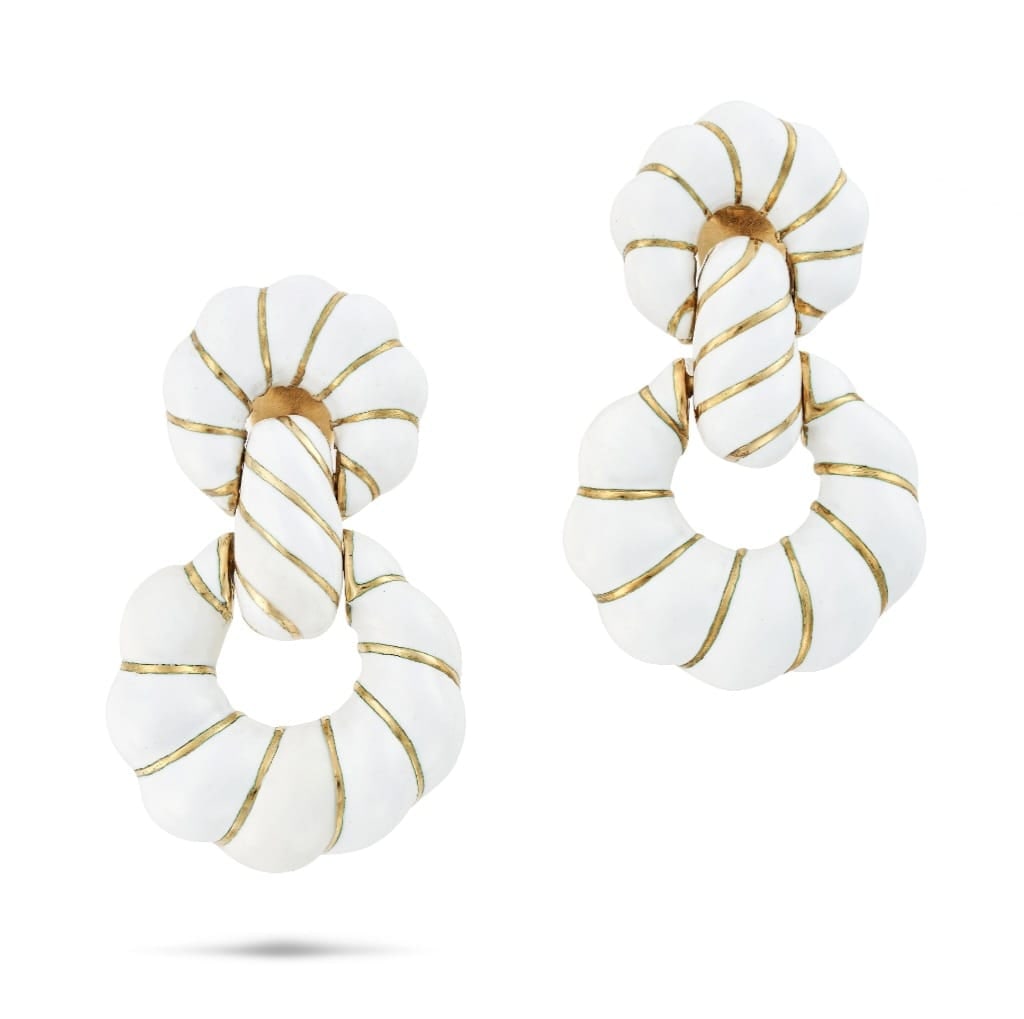 DAVID WEBB 18K Gold White Enamel Clip Earrings: Type: Earrings Metal: Platinum /18K Yellow Gold Measurements: 45mm Signed By: WEBB