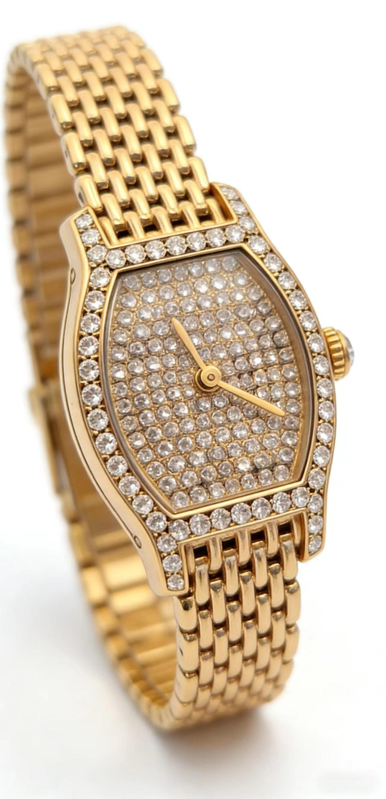 CARTIER 1980yr Tortue Diamond Watch: Type: Watch Model: 12107780 Case Material: 18K Movement: Quartz Band Material: 18K Dial Color: Yellow Case Size: 22.5mm*25.4mm Wrist Size: 23cm
