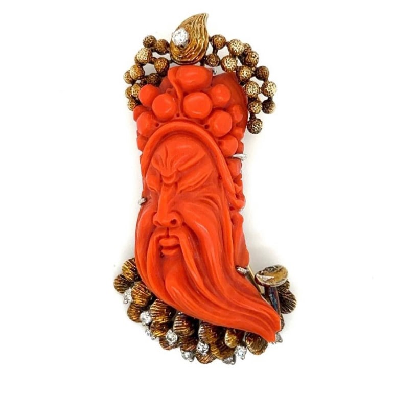 K18YG ITALIAN CORAL DIAMOND BROOCH: Type: BROOCH Item Name:ITALIAN CORAL DIAMOND BROOCH Diamond:0.60ct Metal:18K Accessories:Only Delivery to HK or Self-Pickup
