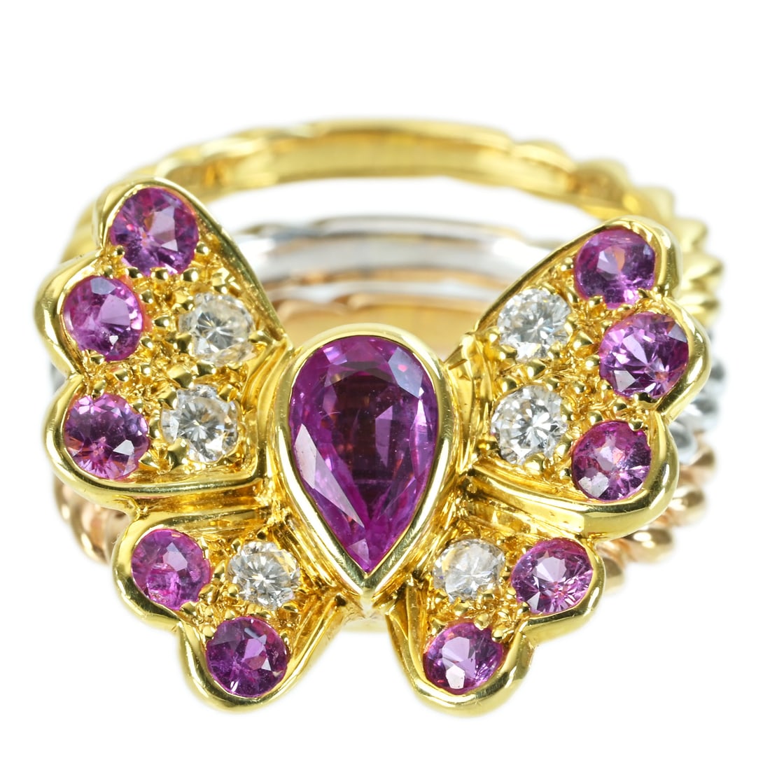 K18 Pink Sapphire Diamond Ring: Type: Ring Metal:K18 Gold Pink Sapphire:1.25ct Diamond:0.30ct Size:5.5(US) Signed By: N/A