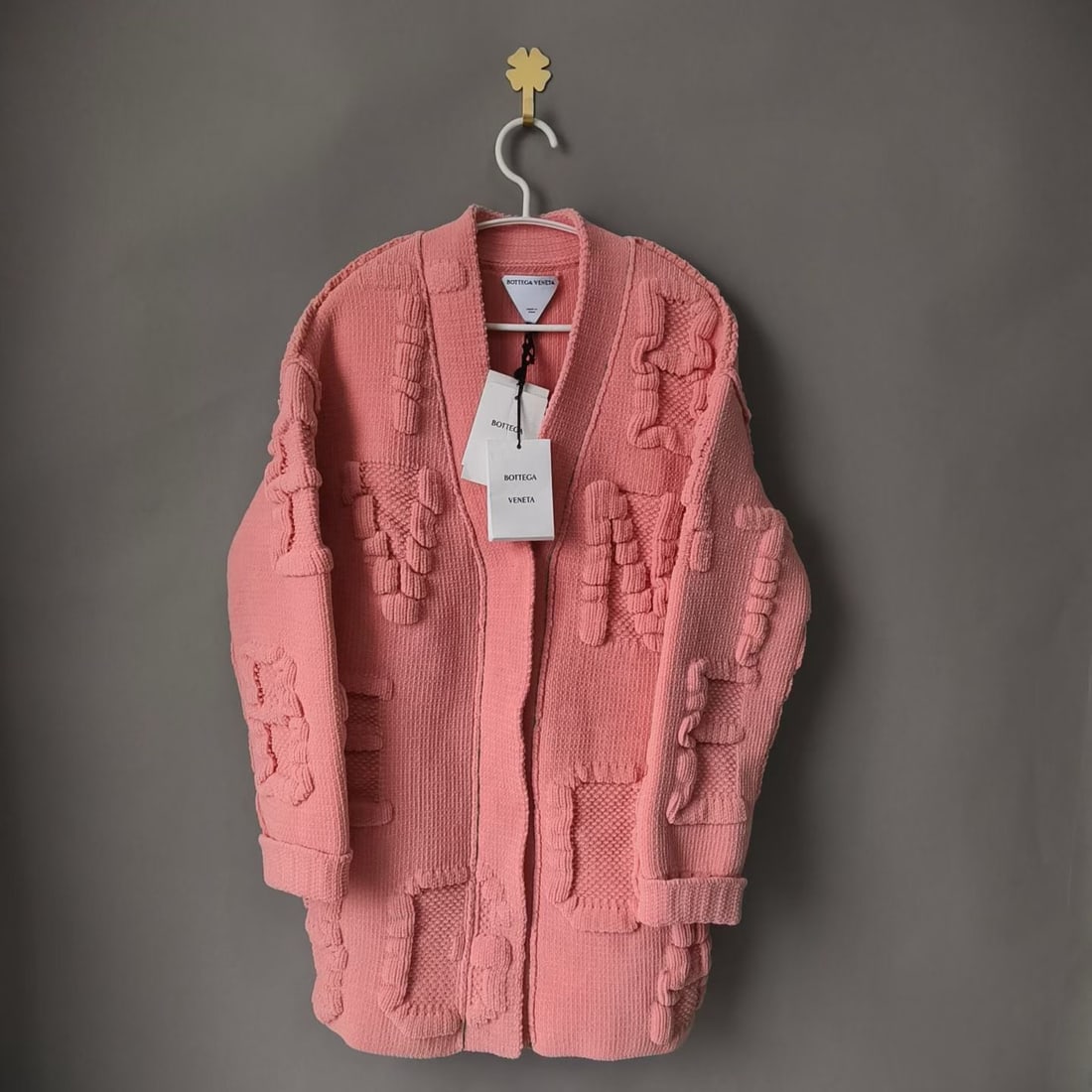 BOTTAGE VENETA Alphabet Oversize Pink Chenille Cadigan: Item Name:Bottage Veneta Alphabet Oversize Pink Chenille Cadigan Brand:Bottage Veneta Model No.:N/A Sizs:S Material:Polyamide/Elastane Accessories:N/A