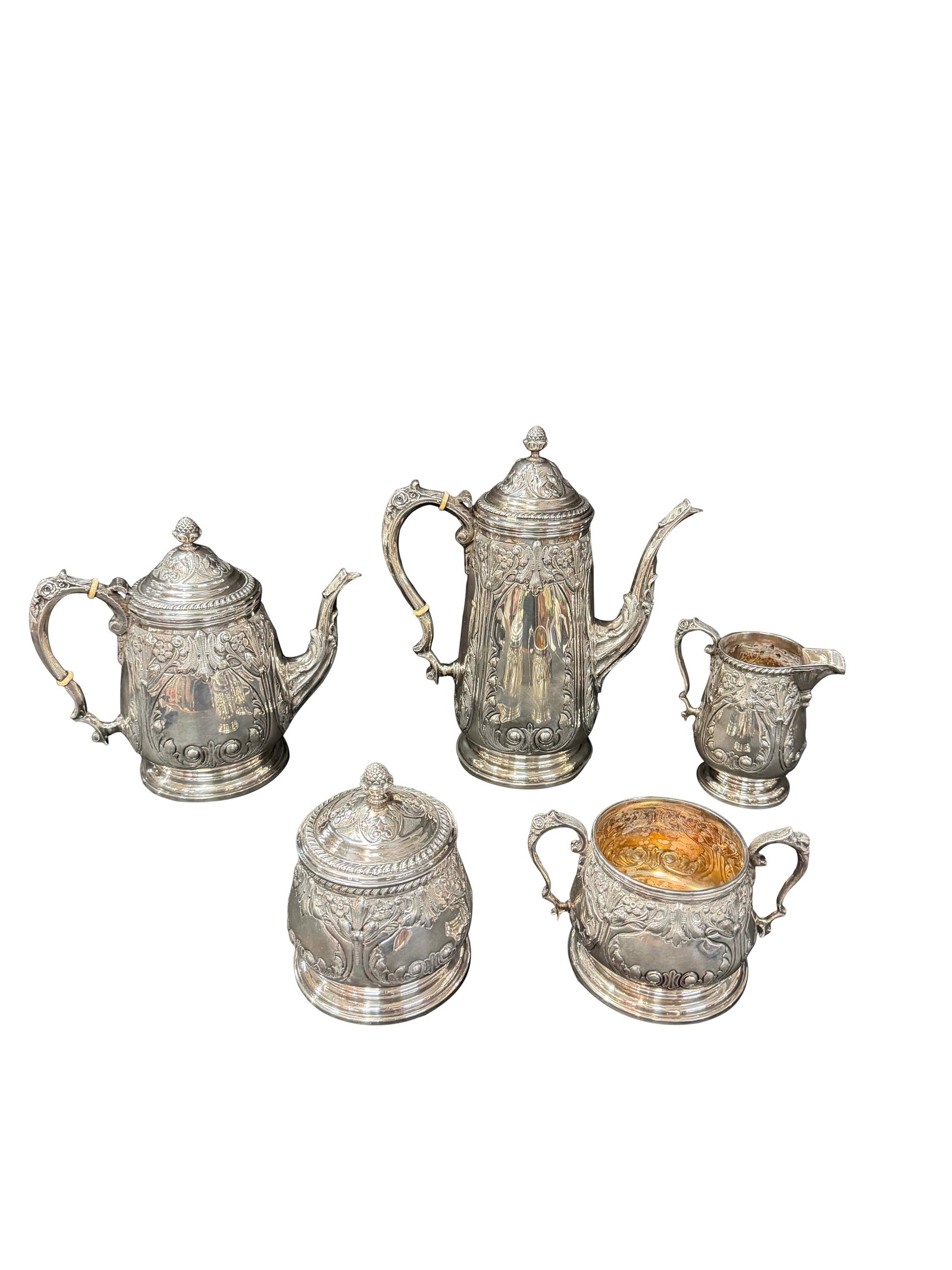STERLING SILVER HAND CHASED 5 PIECE TEA SET HINGE NEEDS REPAIR ON TALL TEA POT, WEIGHT 92 TROY (1 of 2)