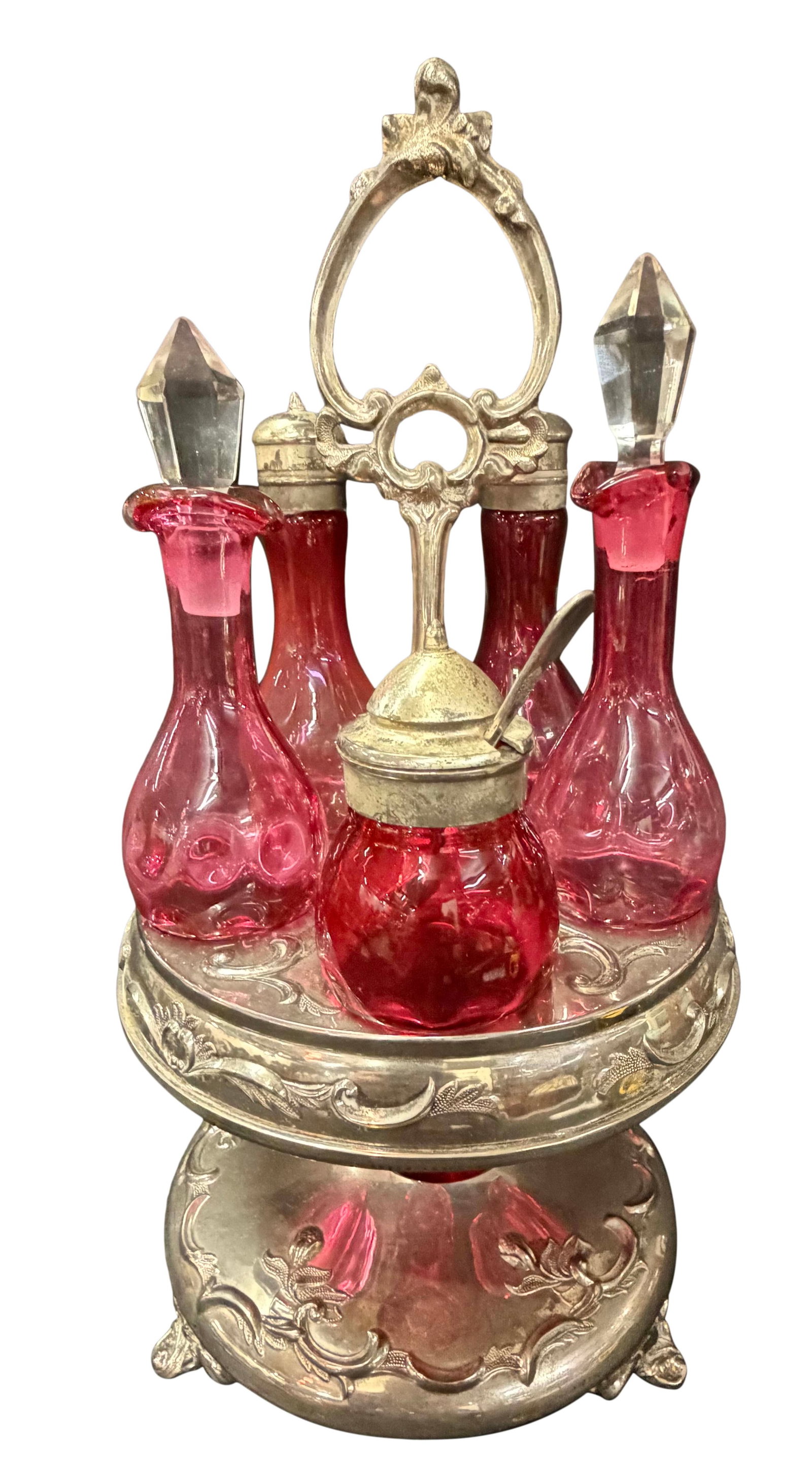 VICTORIAN ORNATE SILVER PLATE REVOLVING CRUET BOTTLE HOLDER WITH CRANBERRY BOTTLES 15"H X 7"W (1 of 1)
