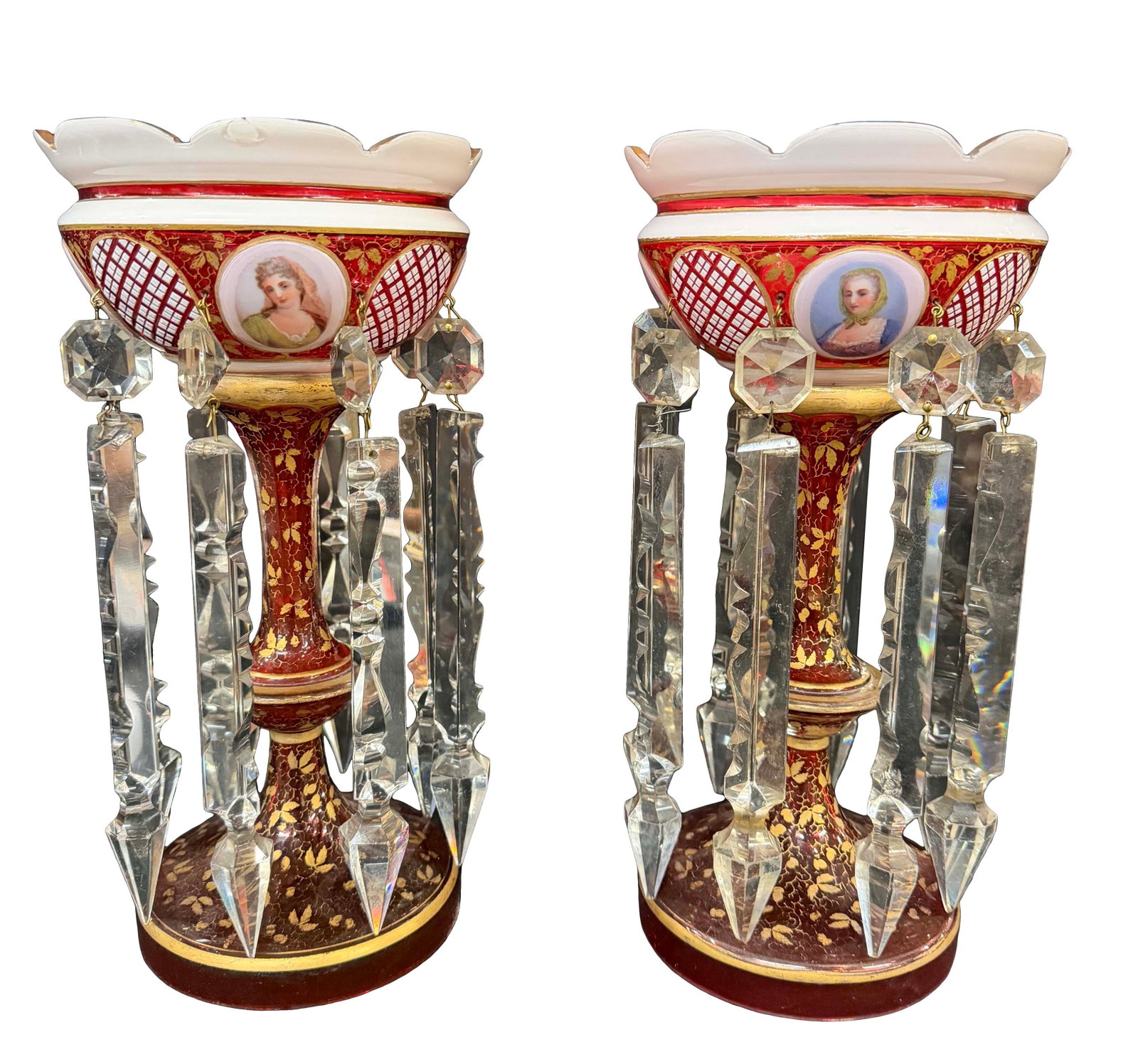 PAIR OF VICTORIAN LUSTERS, CRANBERRY AND WHITE W/ GOLD OVERLAY AND PORTRAITS 13"H X 6 1/2" EACH (1 of 3)