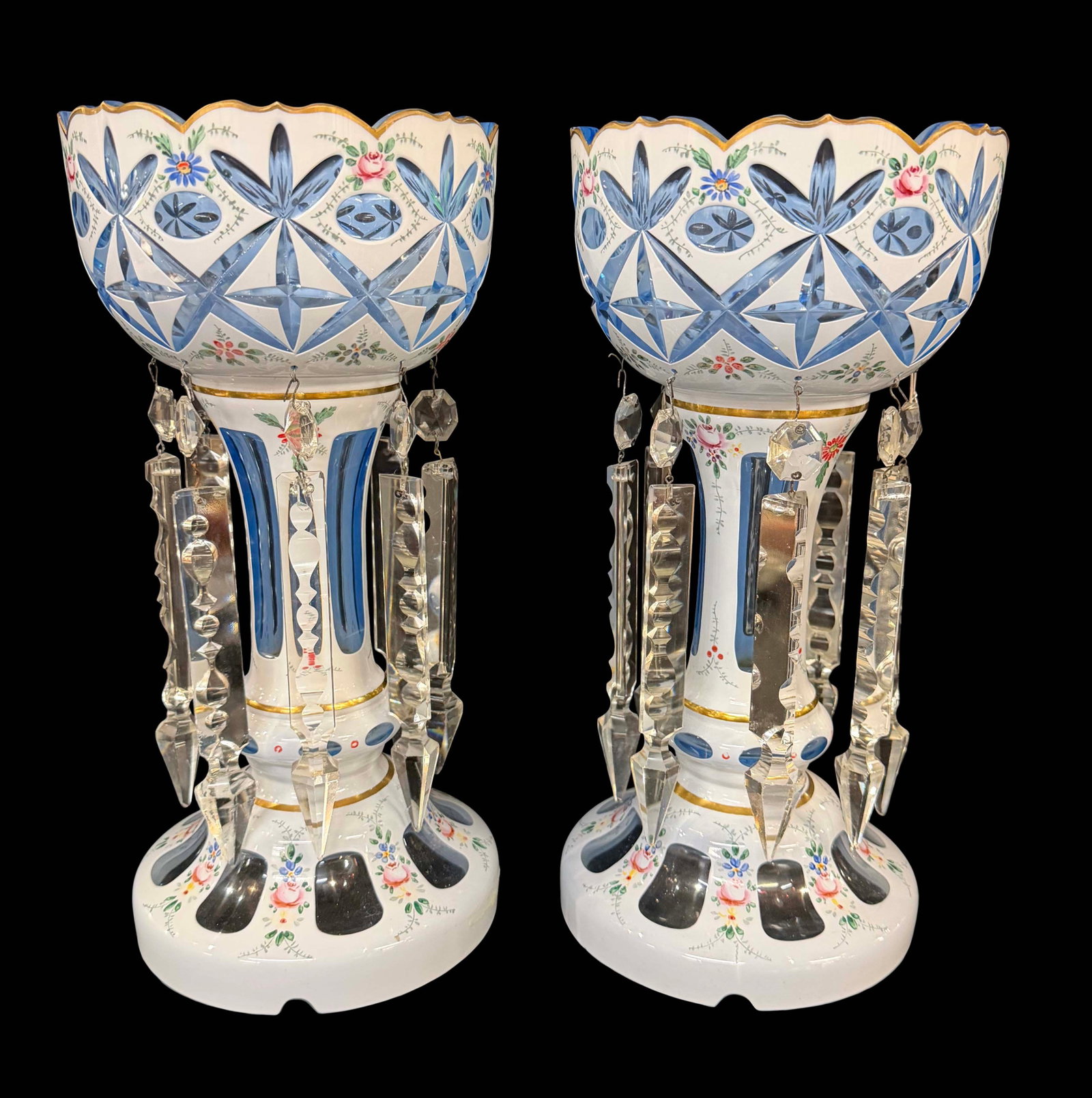 PAIR OF VICTORIAN LUSTERS, BLUE AND WHITE 12"H X 6"W EACH: PAIR OF VICTORIAN LUSTERS, BLUE AND WHITE 12"H X 6"W EACH