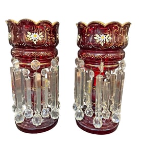 PAIR OF VICTORIAN CRANBERRY LUSTERS WITH A DOUBLE ROW OF CRYSTAL PRISMS 14"H X 7"W EACH
