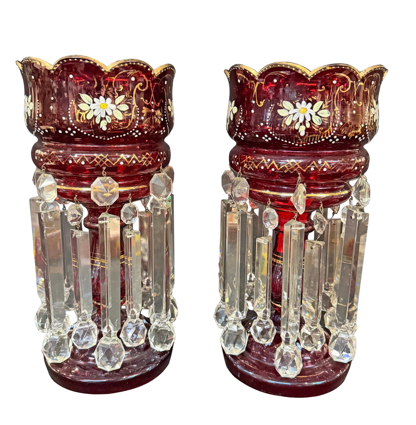 PAIR OF VICTORIAN CRANBERRY LUSTERS WITH A DOUBLE ROW OF CRYSTAL PRISMS 14"H X 7"W EACH (1 of 2)
