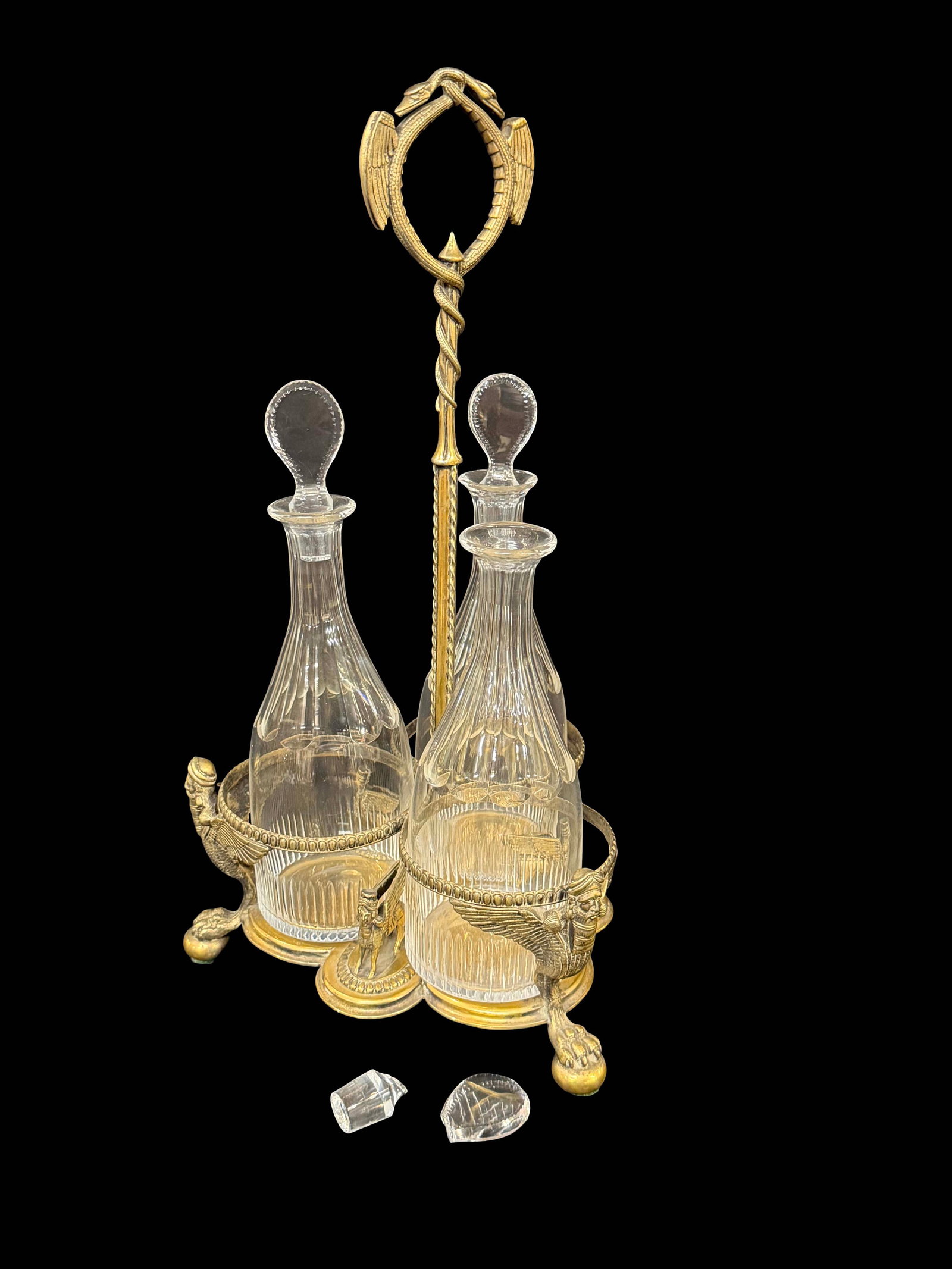 3 BOTTLE DECANTER SET WITH WINGED SPHINX FIGURES ONE STOPPER IS BROKE NEEDS REPAIR, 17"H X 10"W (1 of 1)