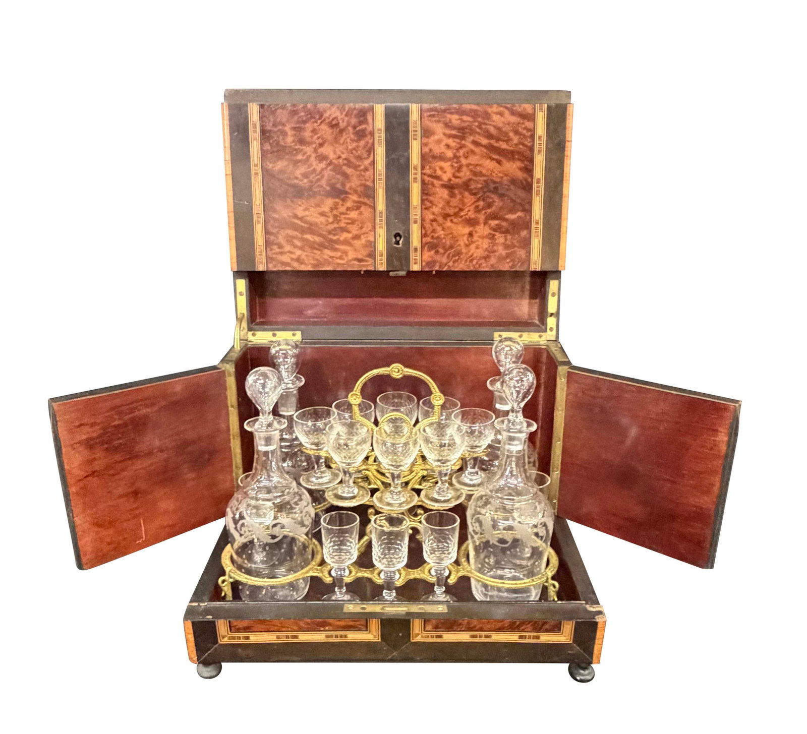 BURLED WALNUT TANTALUS BOX WITH MOTHER OF PEARL AND MARQUETRY INLAY WITH GLASSES AND BOTTLES INSERT, (1 of 4)