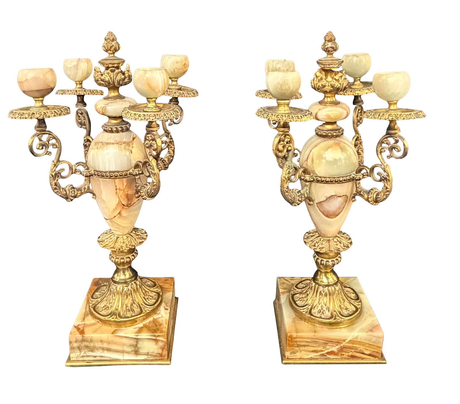 PAIR OF CANDELABRAS WITH ONYX AND GILT METAL, MINOR CHIPS ON ONYX, 15"H X 8"W (1 of 3)