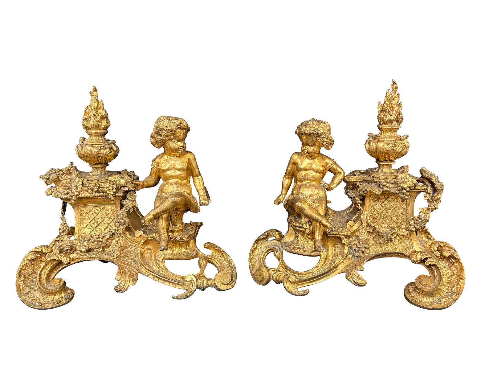 PAIR OF DORE' BRONZE GOLD GILT CHENETS WITH CHERUBS, 14"H X 15"W EACH (1 of 2)