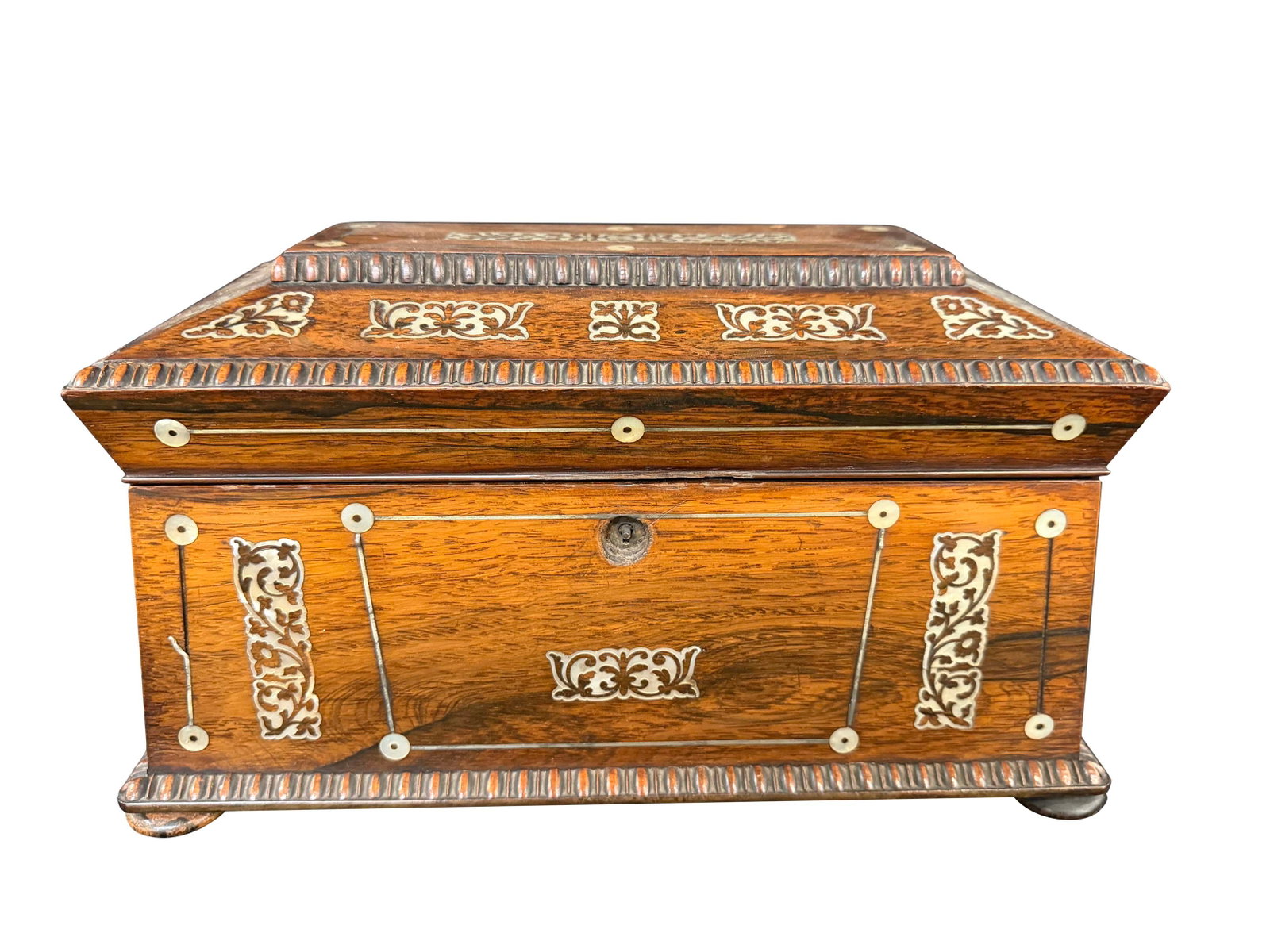 ROSEWOOD TEA CADDY WITH MOTHER OF PEARL INLAY MISSING GLASS INSERT, 8"H X 14"W X 8"D (1 of 4)