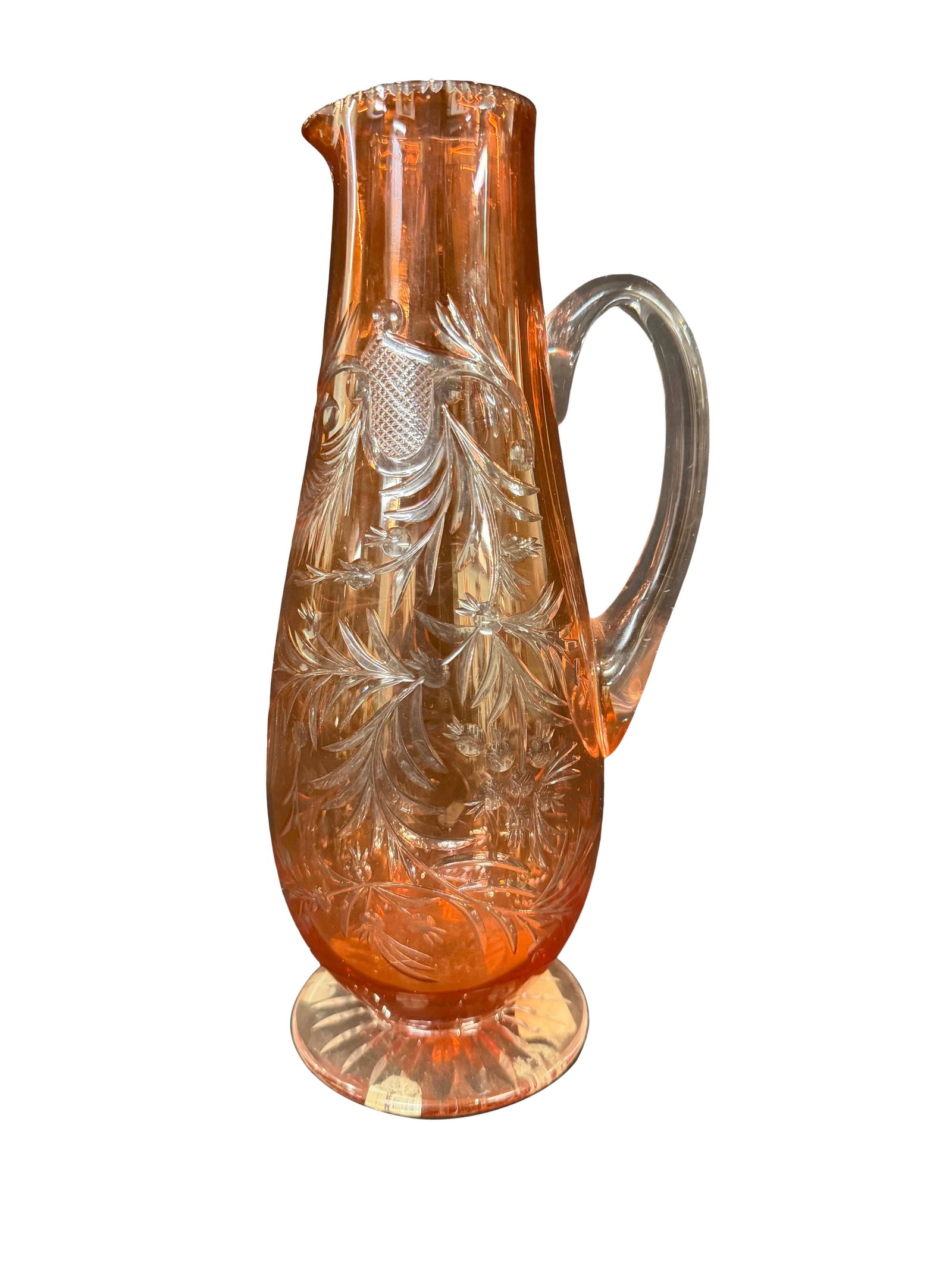 STEPHENS AND WILLIAMS ETCHED GLASS PITCHER WITH HANDLE, 11"H (1 of 2)