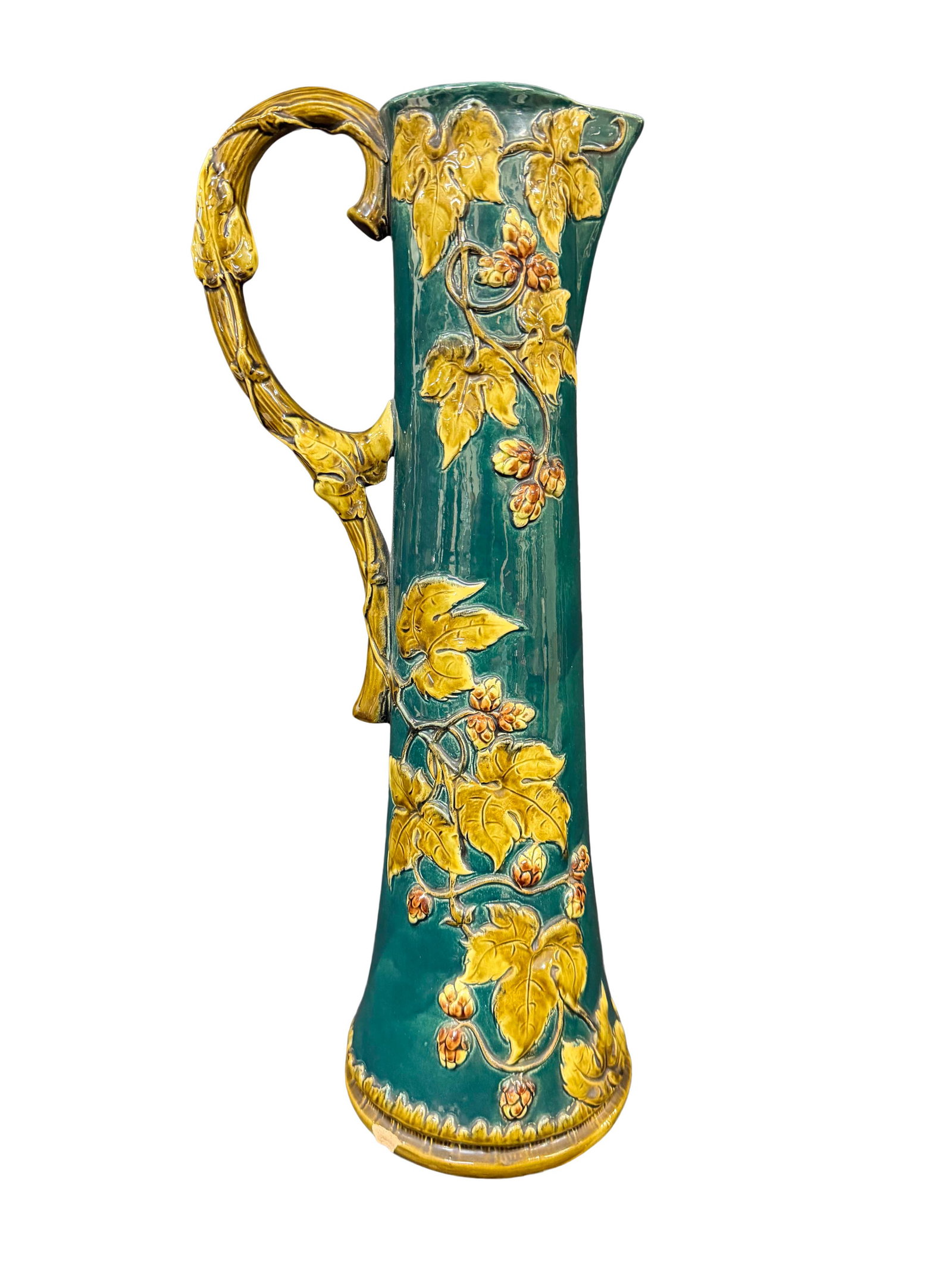MAJOLICA TALL HANDLED EWER, HAS SMALL CHIPS ON THE BASE, 19"H (1 of 3)