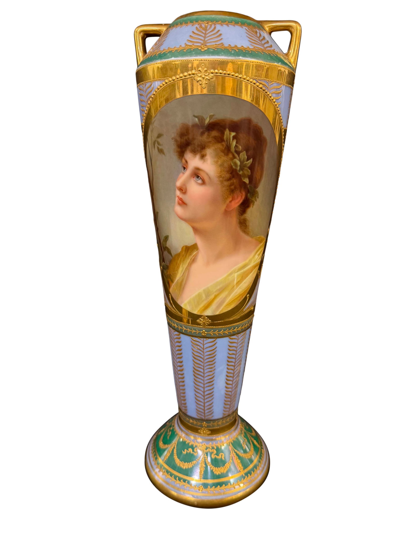 GERMAN DRESDEN TALL VASE WITH PAINTED PORTRAIT AND GOLD OVERLAY, MARKED, 17"H X 5"W (1 of 3)