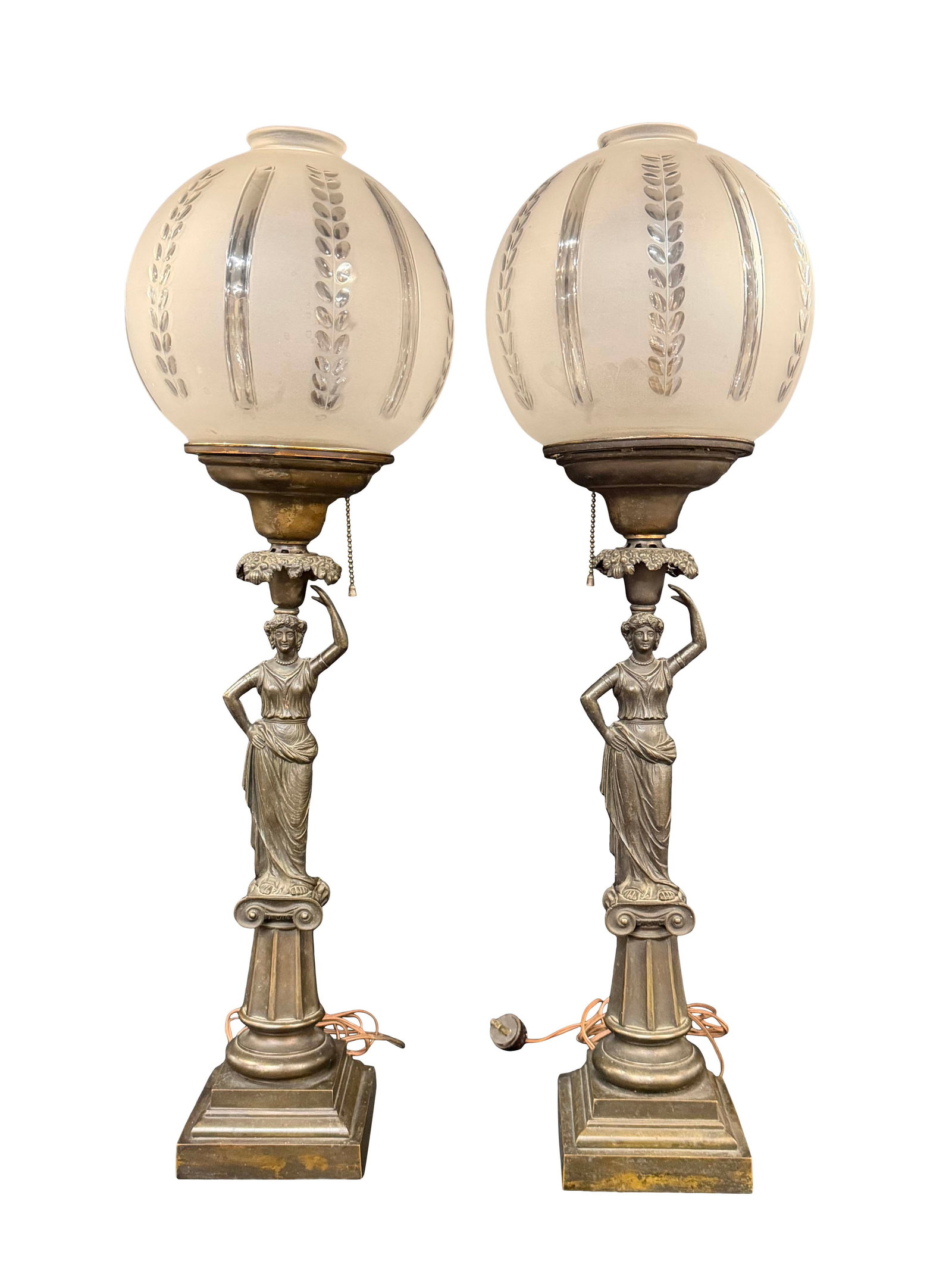 PAIR OF EARLY FIGURAL STATUE OIL LAMPS THAT HAVE ELECTRIFIED WITH REPLACED SHADES, CHECK (1 of 4)