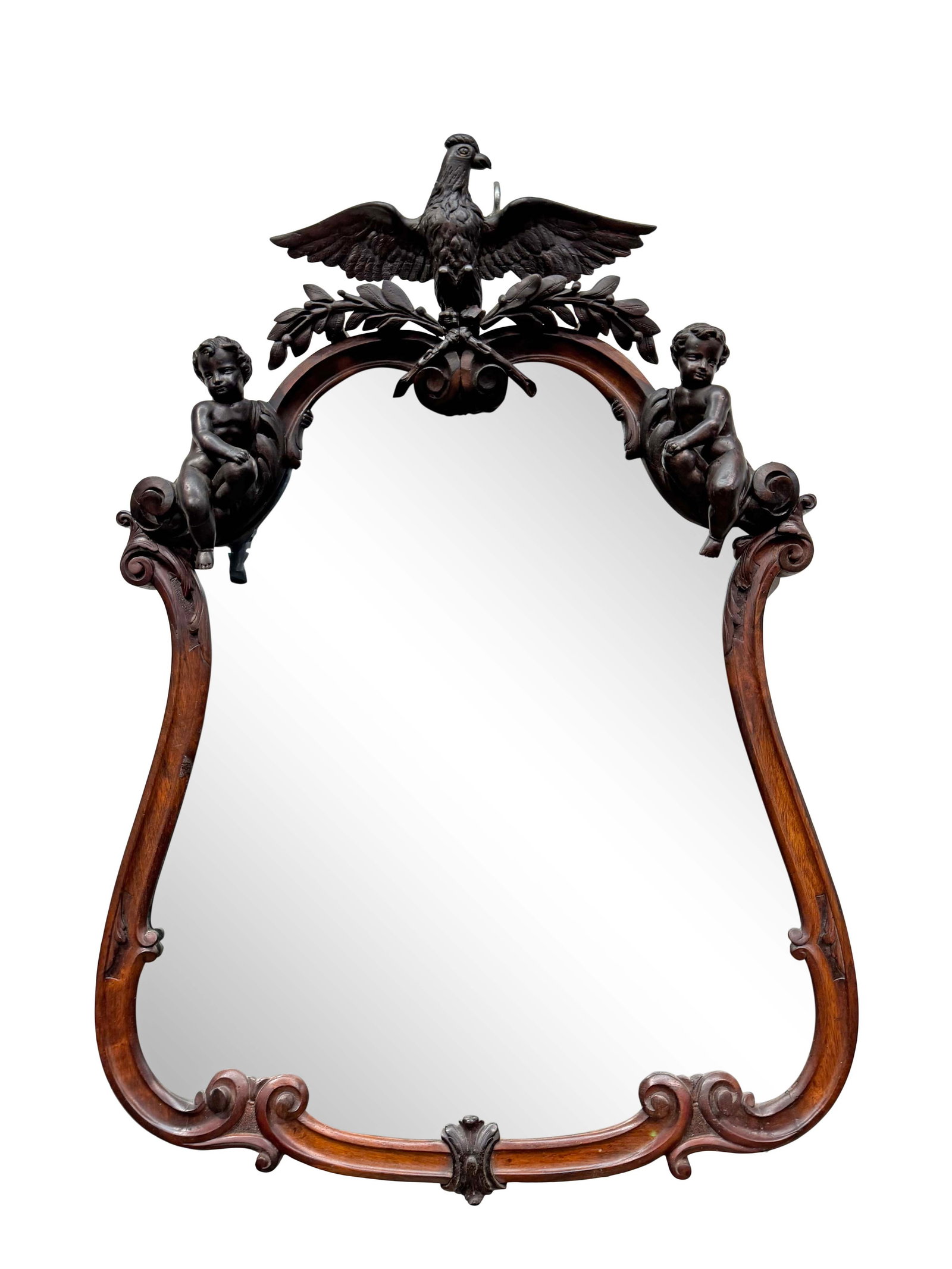 WALL HANGING MIRROR WITH FULL BODIED EAGLE AND SITTING CHERUBS IN ROSEWOOD FRAME, 48"H X 34"W (1 of 3)
