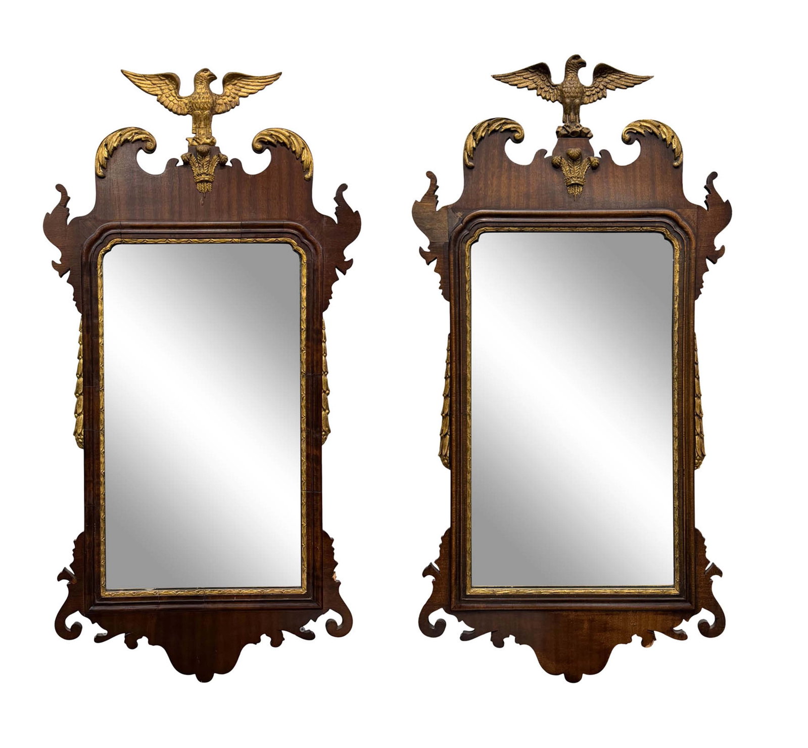 PAIR OF MAHOGANY MIRRORS WITH EAGLE TOPS AND GOLD GILT HIGHLIGHTS, 41"H X 20"W (1 of 6)