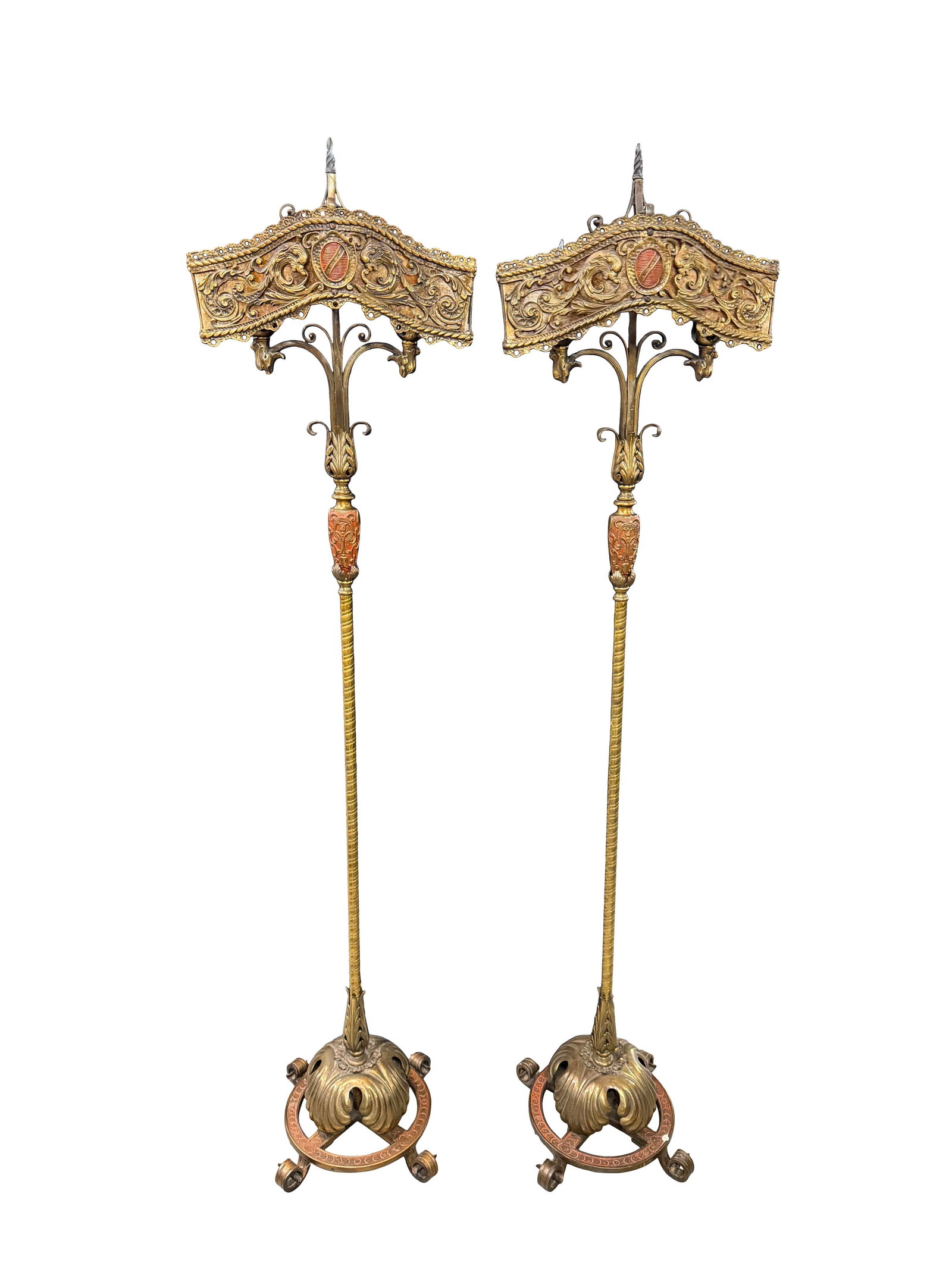 PAIR OF FLOOR LAMPS WITH ORNATE POLISHED BRASS ATTR. OSCAR BACH, CHECKING WIRING, 74"H X 16"W EACH (1 of 3)