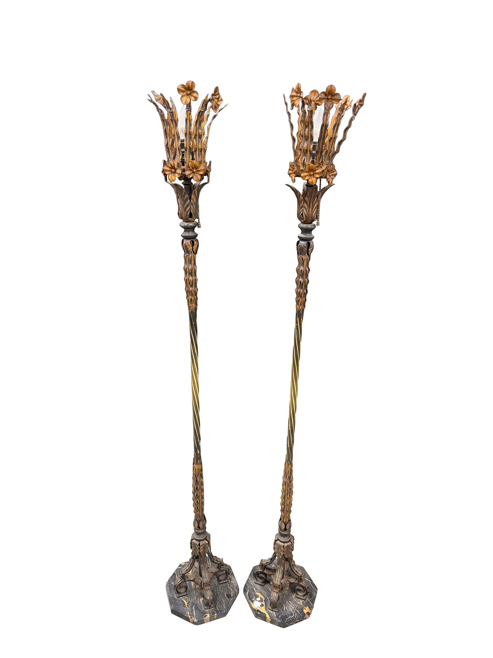 PAIR OF TORCHIERE LAMPS WITH BLACK AND GOLD MARBLE BASES, ATTR: OSCAR BACH, MISSING PIECES AROUND (1 of 3)