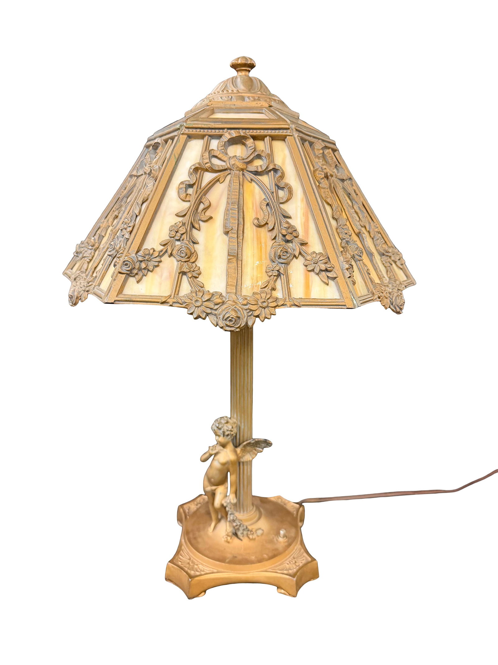 PANEL GLASS TABLE LAMP WITH A CHERUB BASE, CHECK WIRING, 22"H X 14"W (1 of 4)