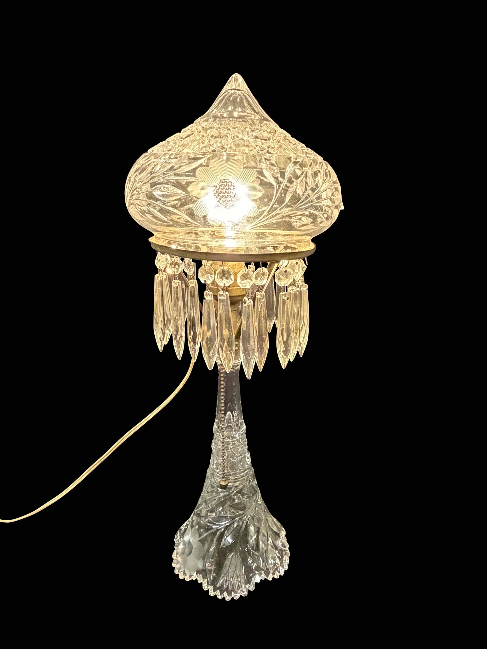 CUT GLASS TABLE LAMP WITH PRISMS, CHECK WIRING, 20"H X 8"W (1 of 2)
