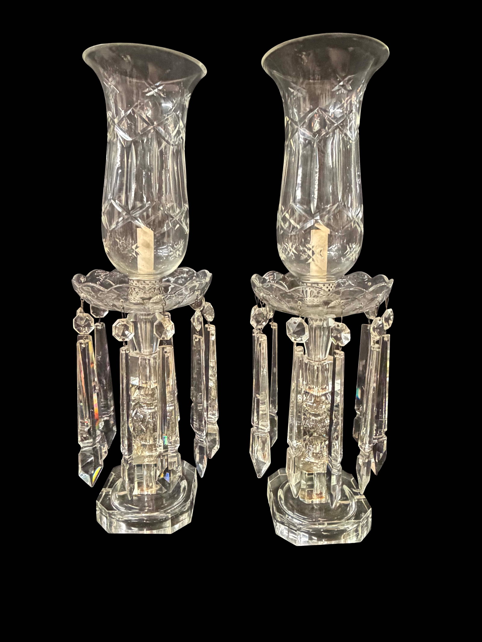 PAIR OF CRYSTAL HURRICANE LAMPS, CHECK WIRING, 24"H X 7"W EACH (1 of 5)