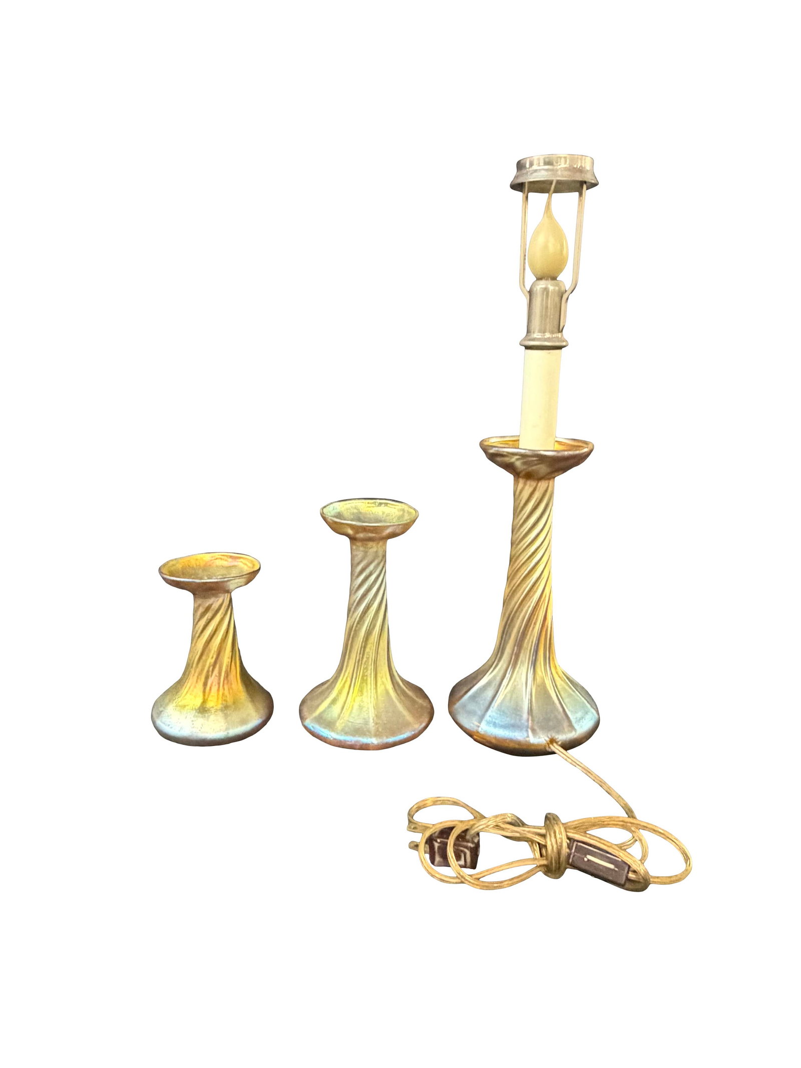 TIFFANY ART GLASS CANDLE HOLDERS - 3 PIECES TALLEST HAS BEEN ELECTIFIED, CHECK WIRING, 9"H , 7"H, (1 of 5)
