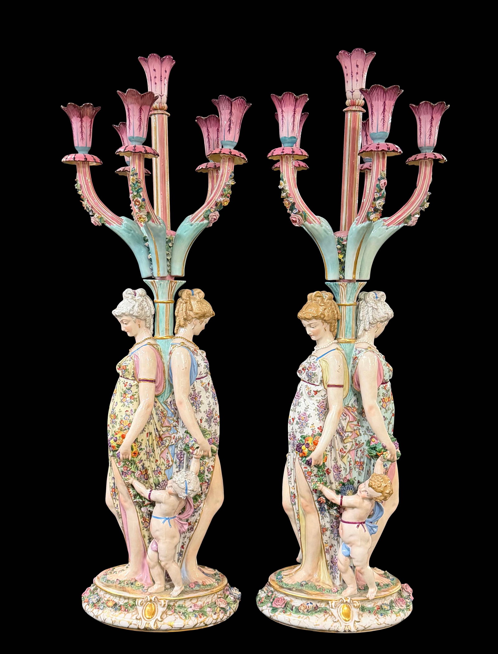PORCELAIN 5 ARM CANDELABRA WITH STANDING LADIES AND CHERUBS, 39"H X 13"W (1 of 7)
