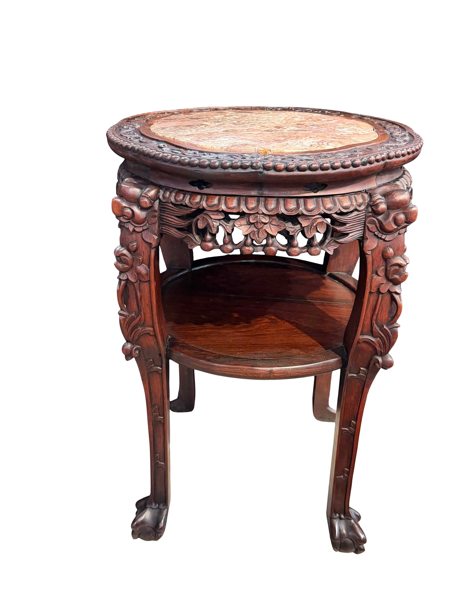 CARVED ORIENTAL PLANT STAND WITH MARBLE INSET TOP, MARBLE HAS BEEN REPAIRED, CARVING LOST ON (1 of 4)