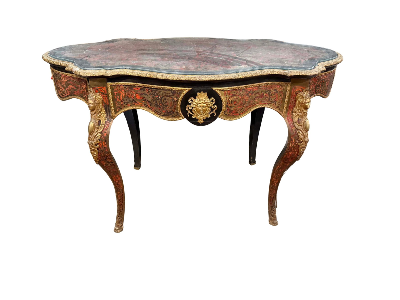 EBONIZED AND BOULLE CENTER TABLE WITH BRASS INLAY, NEEDS REPAIR, 31"H X 51"W X 30"D (1 of 8)
