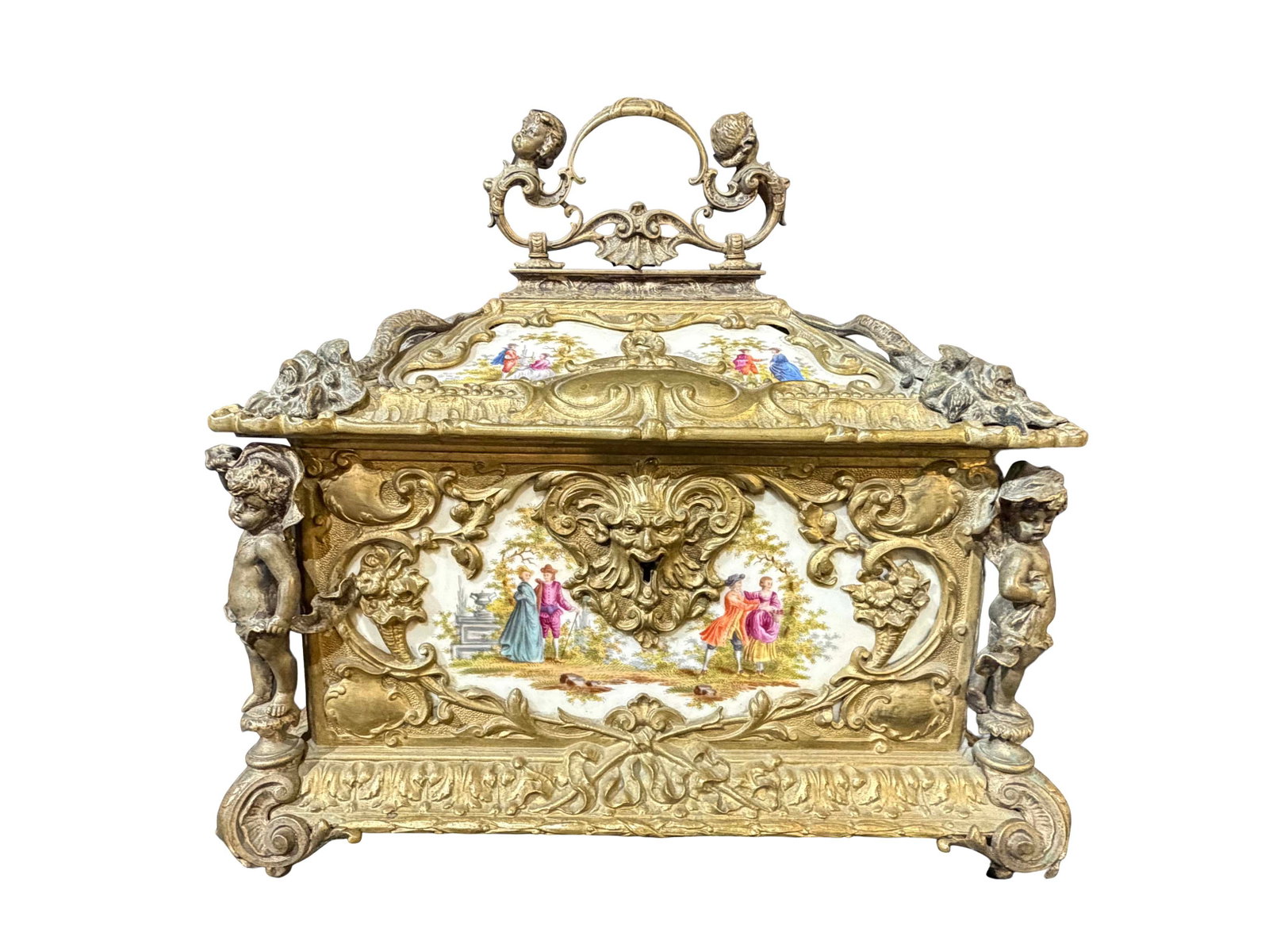 LARGE ORNATE FRENCH JEWELRY BOX W/ PORCELAIN PLAQUES AND CHERUB BRONZE MOUNTS, 14"H X 15"W X 11"D (1 of 5)