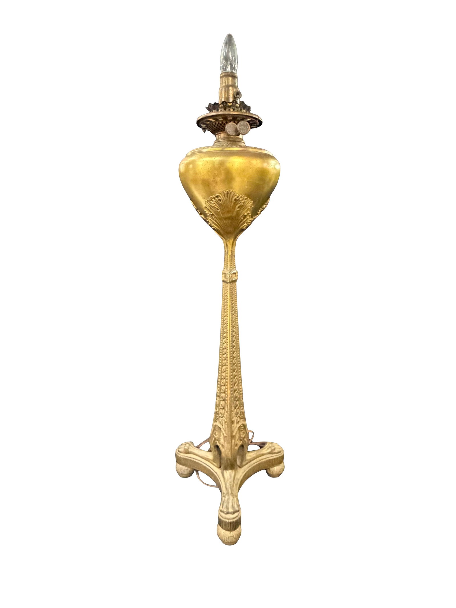 HEAVY CAST BRONZE TALL OIL LAMP BASE,WITH CLAW FEET HAS BEEN ELECTRIFIED, CHECK WIRING, NO SHADE, (1 of 3)